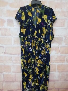 Daisy Fuentes Navy Dress with Yellow & Green Floral Print